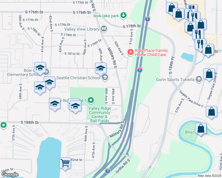 map of restaurants, bars, coffee shops, grocery stores, and more near 18411 49th Avenue South in SeaTac