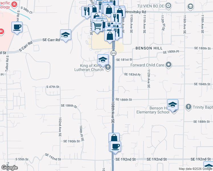 map of restaurants, bars, coffee shops, grocery stores, and more near 18405 107th Place Southeast in Renton