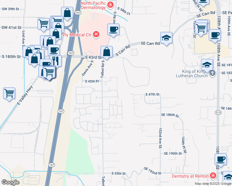 map of restaurants, bars, coffee shops, grocery stores, and more near 4635 Morris Avenue South in Renton