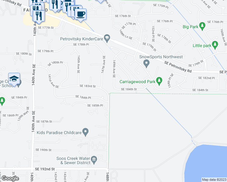map of restaurants, bars, coffee shops, grocery stores, and more near 14903 Southeast 184th Street in Renton