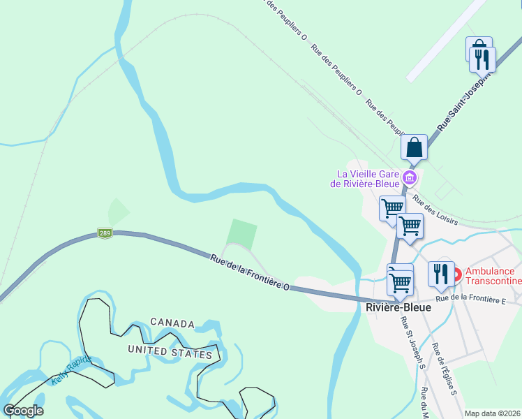 map of restaurants, bars, coffee shops, grocery stores, and more near Rue de la Frontière Ouest in Bas-Saint-Laurent