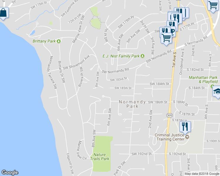 map of restaurants, bars, coffee shops, grocery stores, and more near 607 Southwest 185th Street in Normandy Park