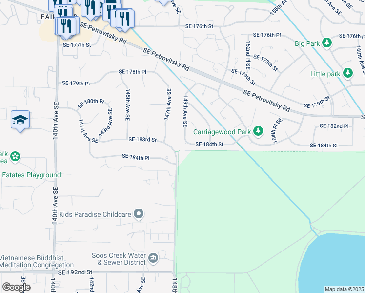 map of restaurants, bars, coffee shops, grocery stores, and more near 14903 Southeast 184th Street in Renton
