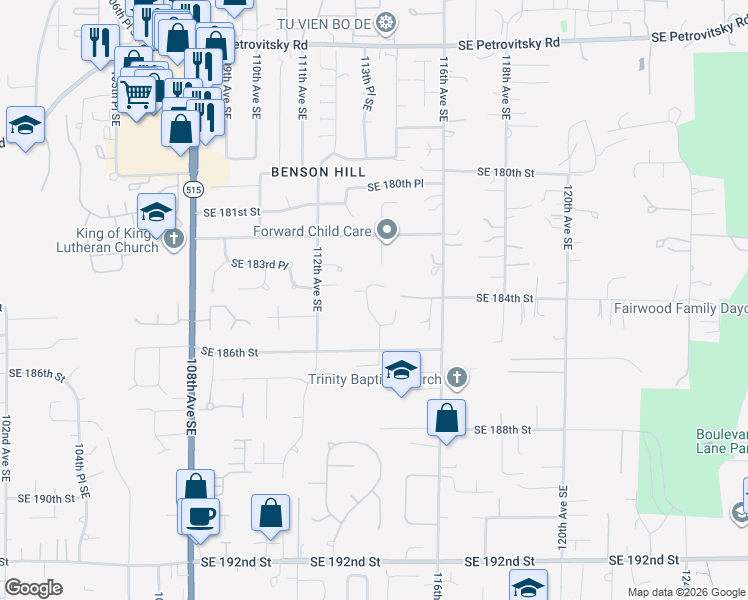 map of restaurants, bars, coffee shops, grocery stores, and more near 11440 Southeast 185th Place in Renton