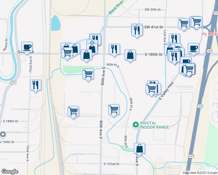 map of restaurants, bars, coffee shops, grocery stores, and more near 18414 80th Avenue South in Kent