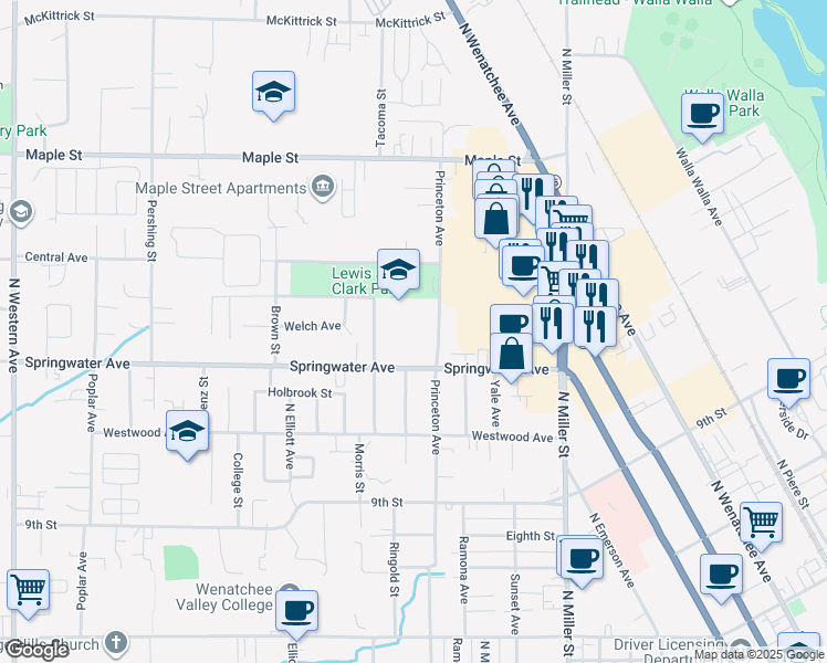 map of restaurants, bars, coffee shops, grocery stores, and more near 1130 North Princeton Avenue in Wenatchee