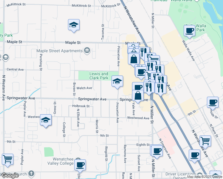 map of restaurants, bars, coffee shops, grocery stores, and more near 1130 North Princeton Avenue in Wenatchee