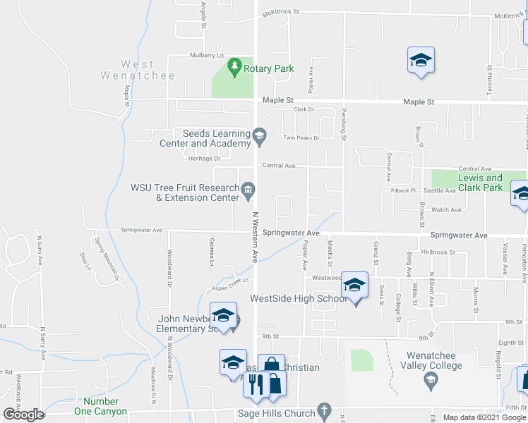 map of restaurants, bars, coffee shops, grocery stores, and more near 1102 Foothills Lane in Wenatchee
