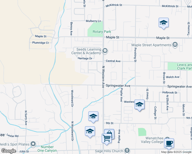 map of restaurants, bars, coffee shops, grocery stores, and more near 1100 North Western Avenue in Wenatchee