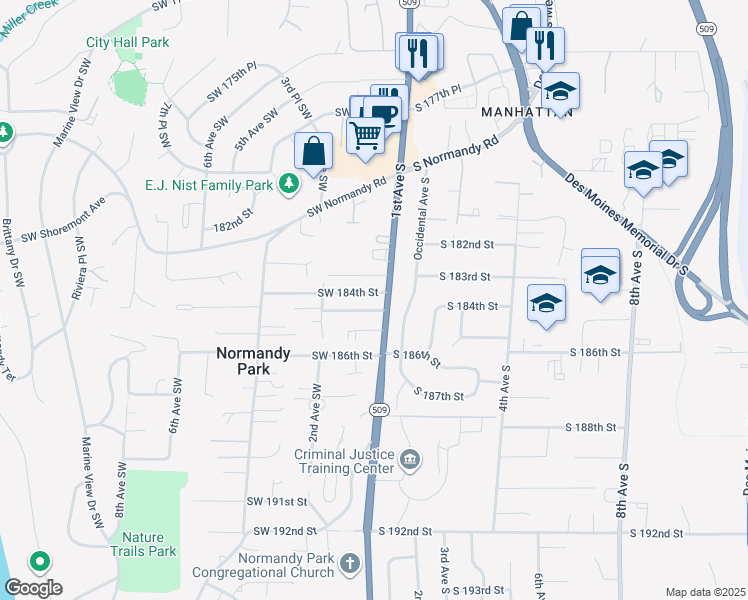 map of restaurants, bars, coffee shops, grocery stores, and more near 111 Southwest 185th Street in Normandy Park