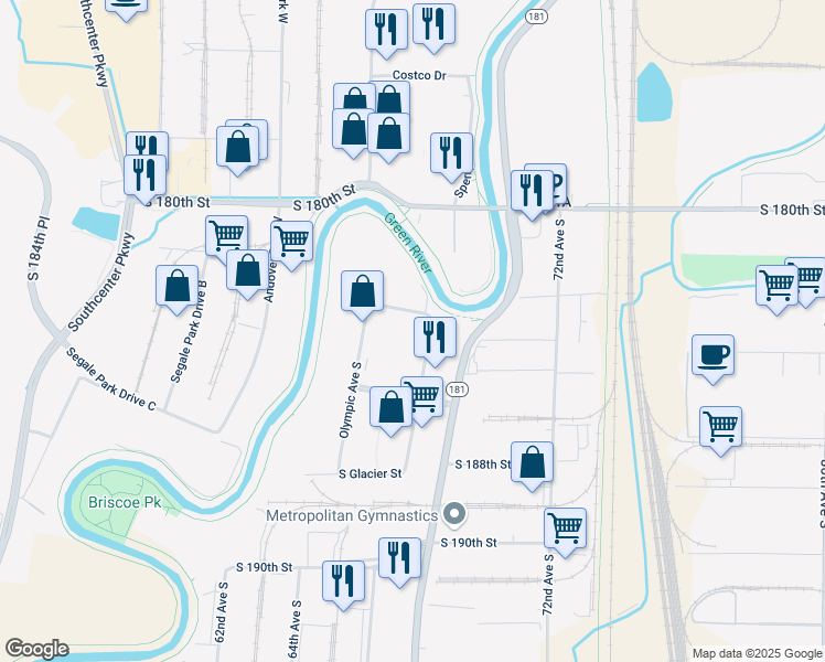 map of restaurants, bars, coffee shops, grocery stores, and more near 18351 Cascade Avenue South in Seattle