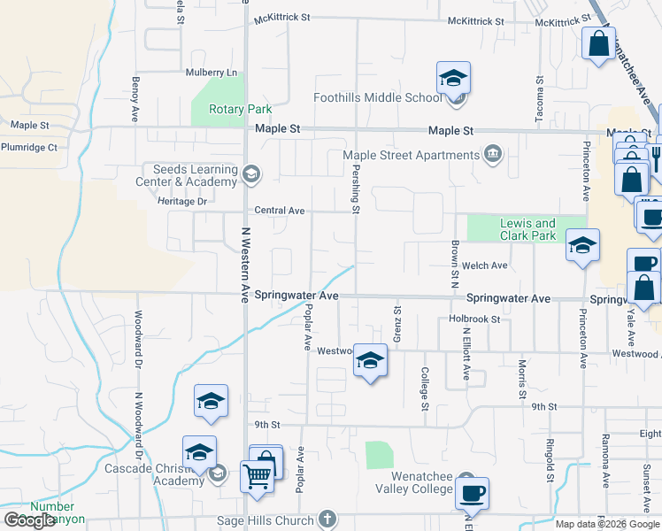 map of restaurants, bars, coffee shops, grocery stores, and more near 1615 Gardiner Street in Wenatchee