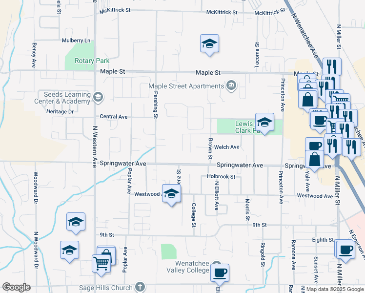 map of restaurants, bars, coffee shops, grocery stores, and more near 1449 Seattle Street in Wenatchee