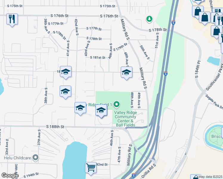 map of restaurants, bars, coffee shops, grocery stores, and more near 4510 South 184th Street in SeaTac