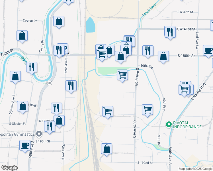 map of restaurants, bars, coffee shops, grocery stores, and more near South 184th Street in Kent