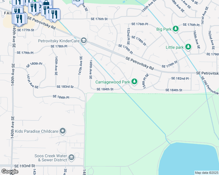 map of restaurants, bars, coffee shops, grocery stores, and more near 15016 Southeast 184th Street in Renton