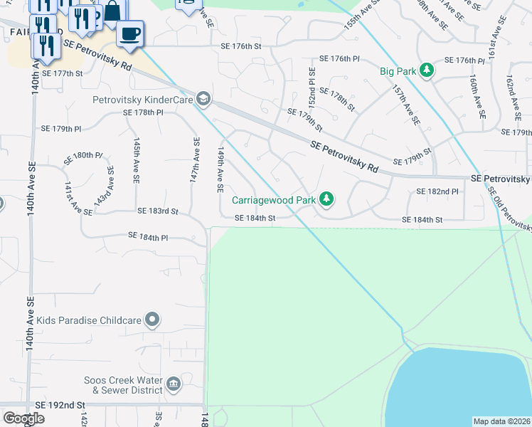 map of restaurants, bars, coffee shops, grocery stores, and more near 15016 Southeast 184th Street in Renton