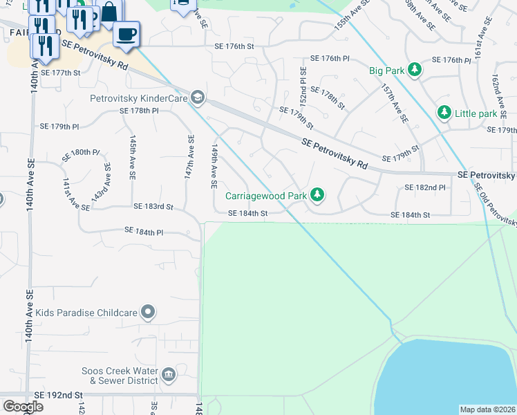 map of restaurants, bars, coffee shops, grocery stores, and more near 15013 Southeast 184th Street in Renton