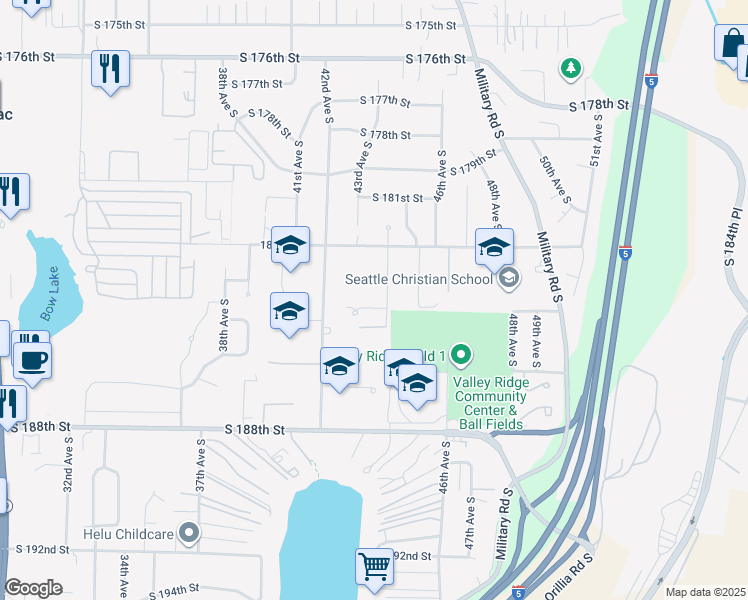 map of restaurants, bars, coffee shops, grocery stores, and more near 4241 South 184th Street in SeaTac