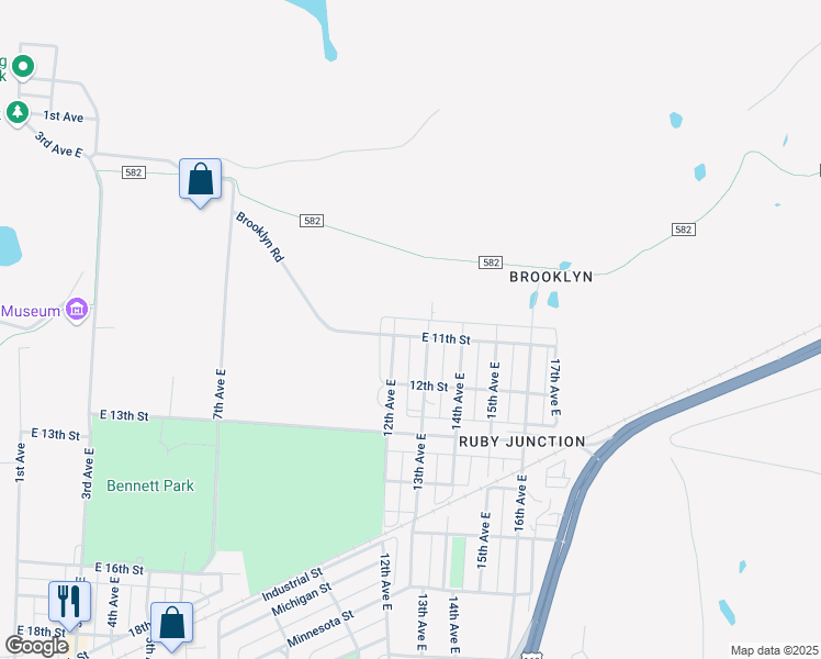 map of restaurants, bars, coffee shops, grocery stores, and more near 1113 13th Avenue East in Hibbing