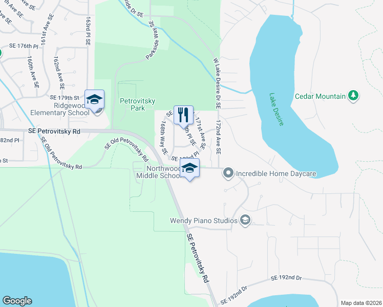 map of restaurants, bars, coffee shops, grocery stores, and more near 18147 171st Avenue Southeast in Renton