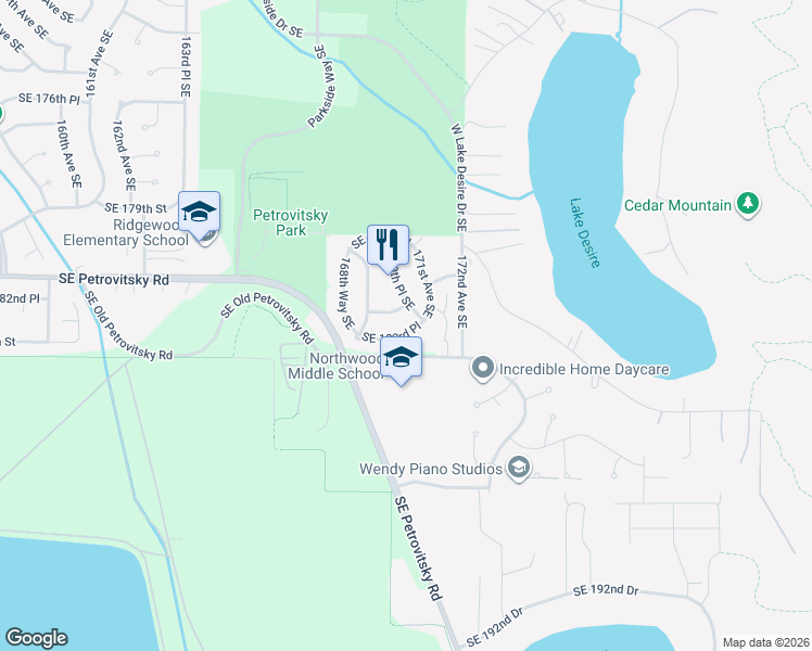 map of restaurants, bars, coffee shops, grocery stores, and more near 18147 171st Avenue Southeast in Renton