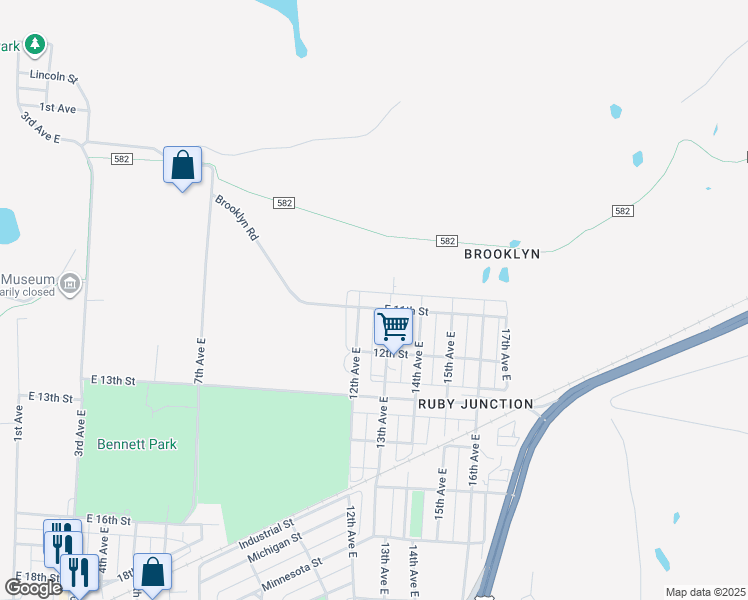 map of restaurants, bars, coffee shops, grocery stores, and more near 1210 East 11th Street in Hibbing