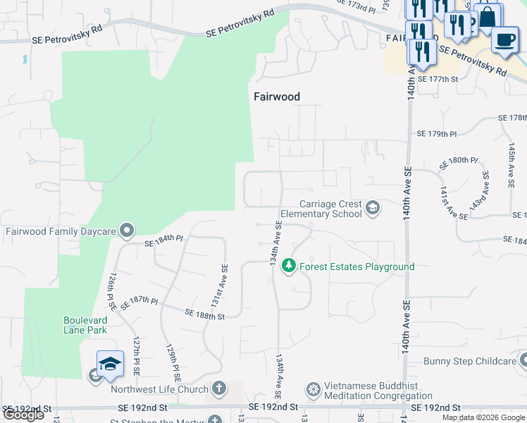 map of restaurants, bars, coffee shops, grocery stores, and more near 18218 133rd Avenue Southeast in Renton