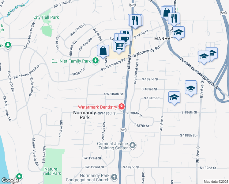 map of restaurants, bars, coffee shops, grocery stores, and more near 18257 1st Avenue South in Burien