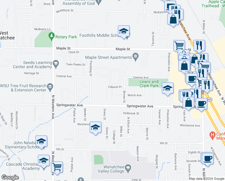 map of restaurants, bars, coffee shops, grocery stores, and more near 1427 Seattle Avenue in Wenatchee