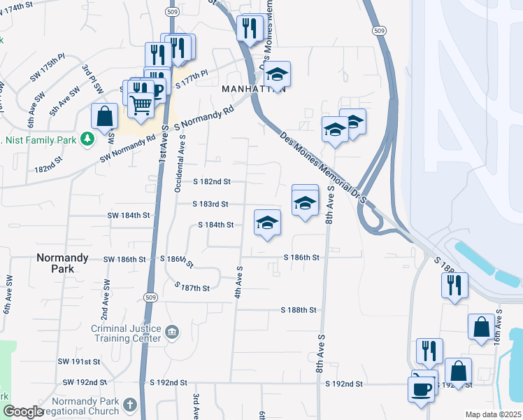 map of restaurants, bars, coffee shops, grocery stores, and more near 18225 5th Avenue South in Burien