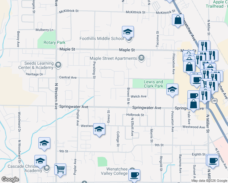 map of restaurants, bars, coffee shops, grocery stores, and more near 1439 Seattle Avenue in Wenatchee