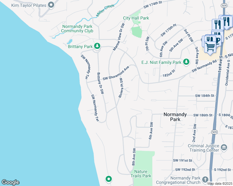 map of restaurants, bars, coffee shops, grocery stores, and more near 18132 Marine View Drive Southwest in Normandy Park