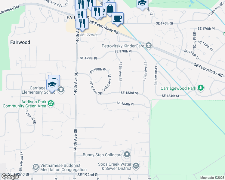 map of restaurants, bars, coffee shops, grocery stores, and more near 18122 143rd Avenue Southeast in Renton