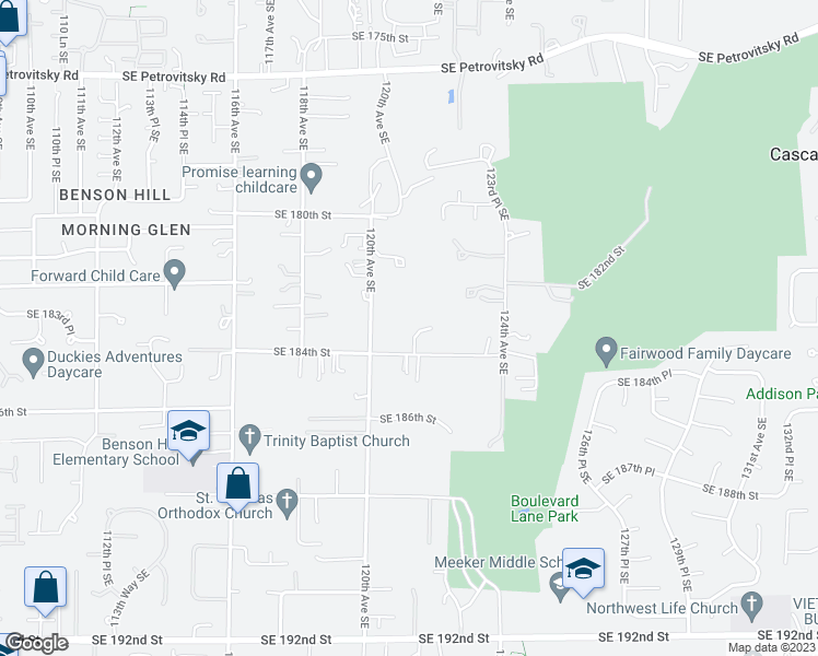 map of restaurants, bars, coffee shops, grocery stores, and more near 18307 121st Place Southeast in Renton