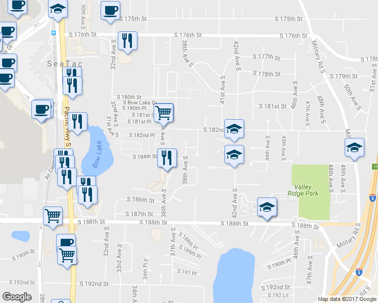 map of restaurants, bars, coffee shops, grocery stores, and more near 3805 South 183rd Street in SeaTac