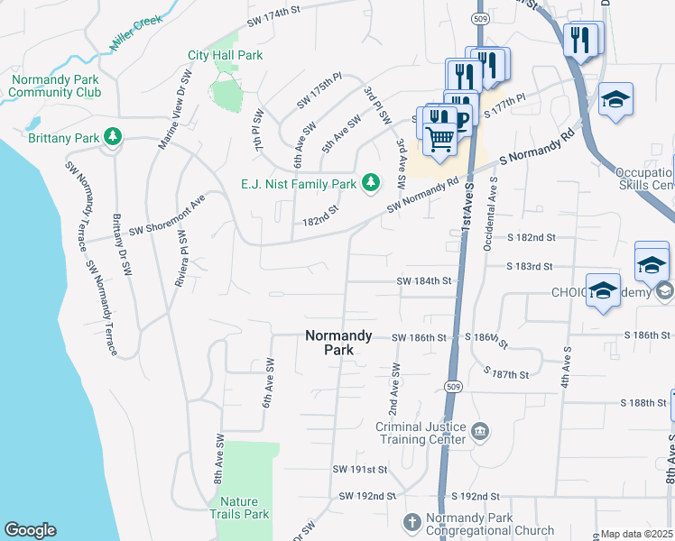 map of restaurants, bars, coffee shops, grocery stores, and more near 18327 4th Avenue Southwest in Normandy Park