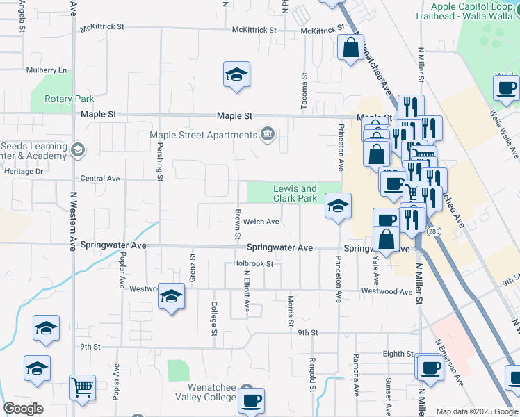 map of restaurants, bars, coffee shops, grocery stores, and more near 1313 Seattle Avenue in Wenatchee