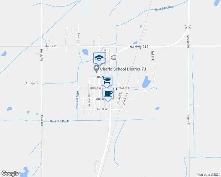 map of restaurants, bars, coffee shops, grocery stores, and more near in Charlo