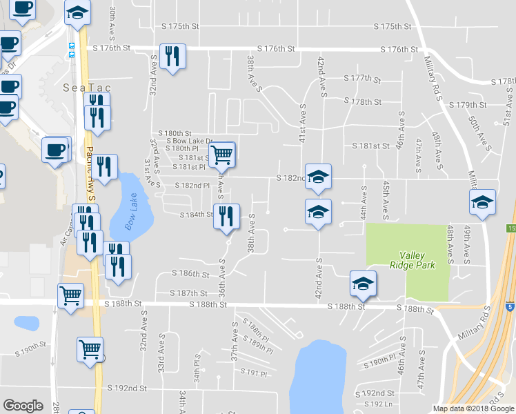 map of restaurants, bars, coffee shops, grocery stores, and more near 3805 South 183rd Street in SeaTac
