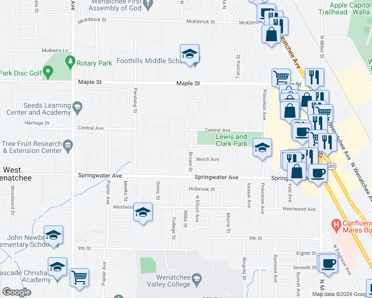 map of restaurants, bars, coffee shops, grocery stores, and more near 1401 Seattle Avenue in Wenatchee