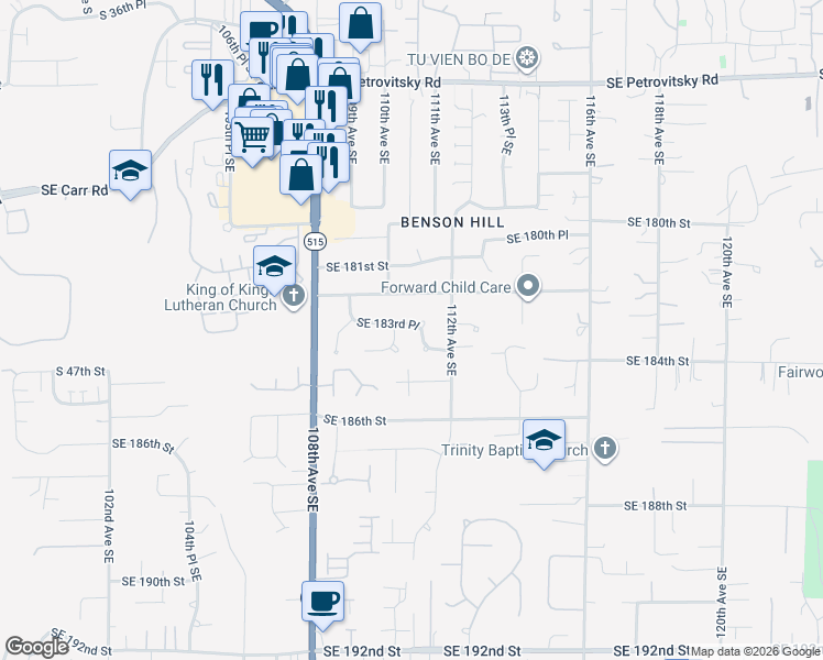 map of restaurants, bars, coffee shops, grocery stores, and more near 11020 Southeast 183rd Place in Renton