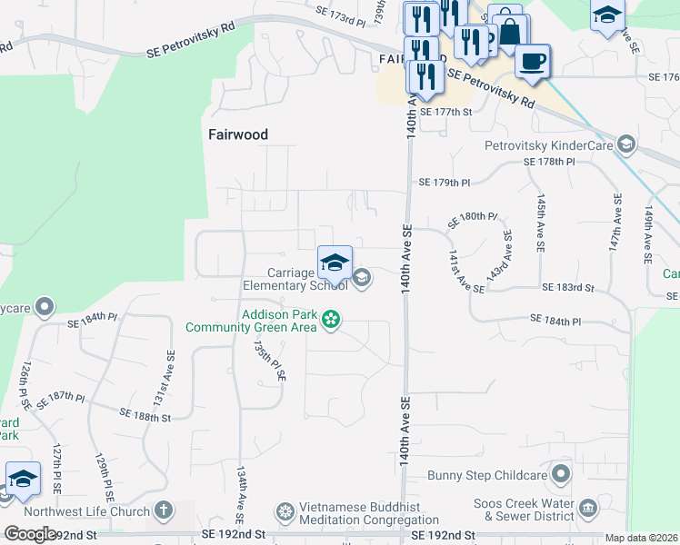 map of restaurants, bars, coffee shops, grocery stores, and more near 13781 Southeast 183rd Street in Renton