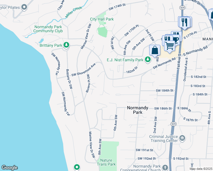 map of restaurants, bars, coffee shops, grocery stores, and more near 18225 8th Avenue Southwest in Normandy Park