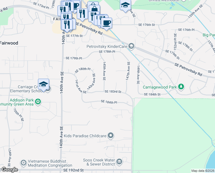 map of restaurants, bars, coffee shops, grocery stores, and more near 18152 145th Avenue Southeast in Renton