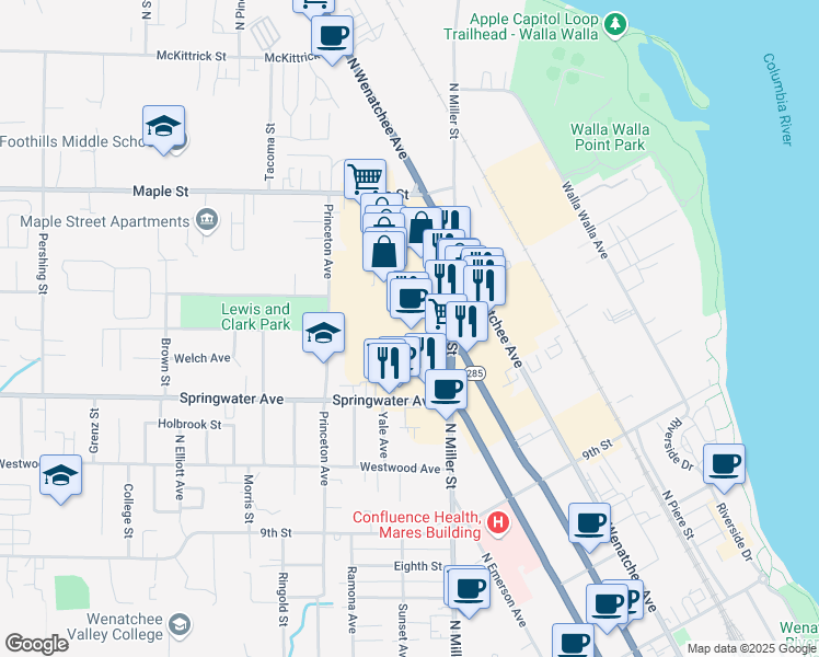 map of restaurants, bars, coffee shops, grocery stores, and more near 1134 North Miller Street in Wenatchee