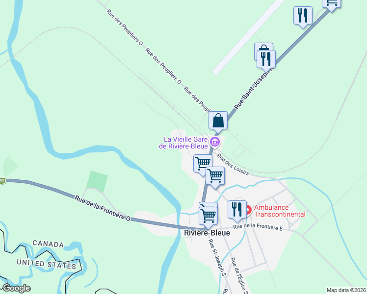 map of restaurants, bars, coffee shops, grocery stores, and more near 41 Rue des Pins Ouest in Rivière-Bleue