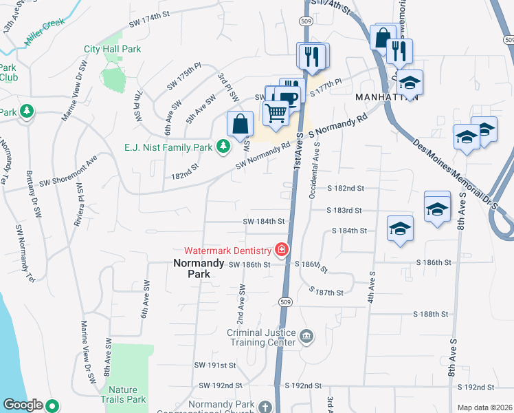 map of restaurants, bars, coffee shops, grocery stores, and more near 18257 1st Avenue South in Burien