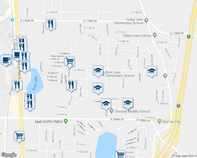 map of restaurants, bars, coffee shops, grocery stores, and more near 18237 42nd Avenue South in SeaTac