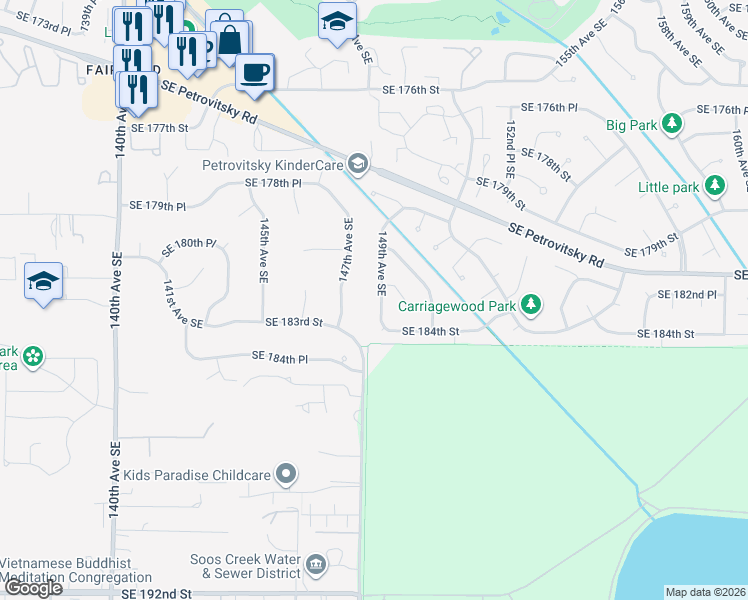 map of restaurants, bars, coffee shops, grocery stores, and more near 18313 149th Avenue Southeast in Renton